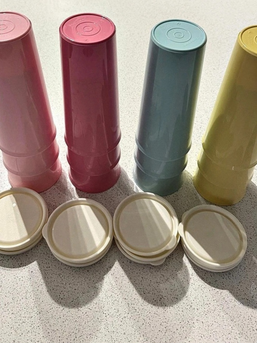Tupperware Heritage Tumblers with Lids Yellow, Pink & Blue